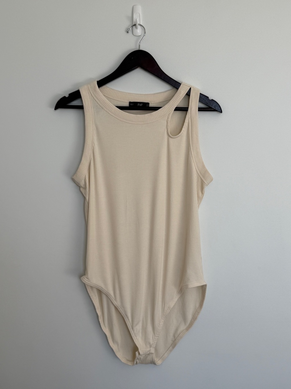 F&F Cream Ribbed Asymmetric Shoulder Bodysuit